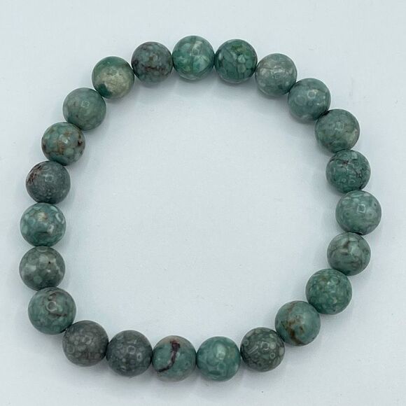 Coral jasper beaded bracelet 7” stretch crystal healing handmade anxiety fears p - Picture 7 of 8